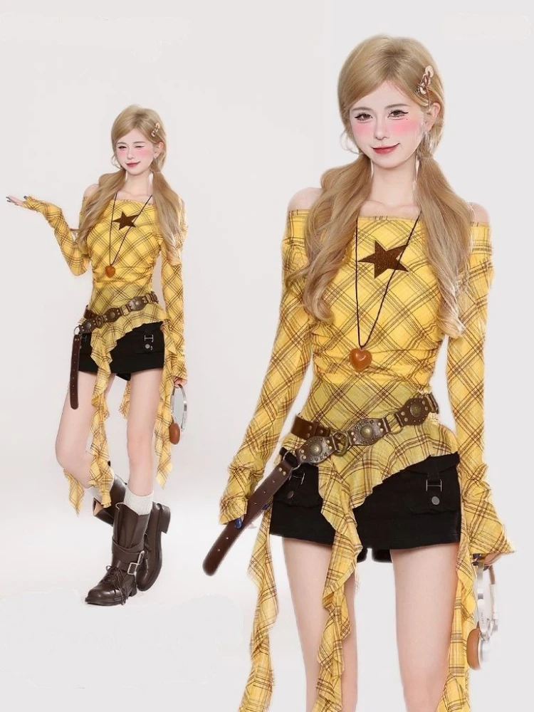 Y2K Plaid Slash Neck Vintage T - đánh giá và giá Embroidery