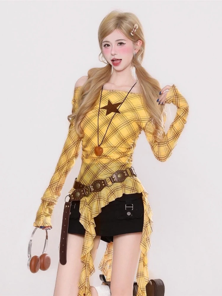 Y2K Plaid Slash Neck Vintage T - đánh giá và giá Embroidery